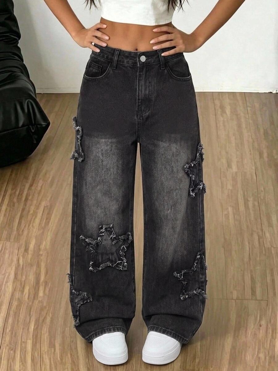 SHEIN Girlism بنطلون جينز أسود فضفاض طويل للفتيات المراهقات مع حافة مهترئة ونقشة نجوم - الأسود - مشاهدة 1