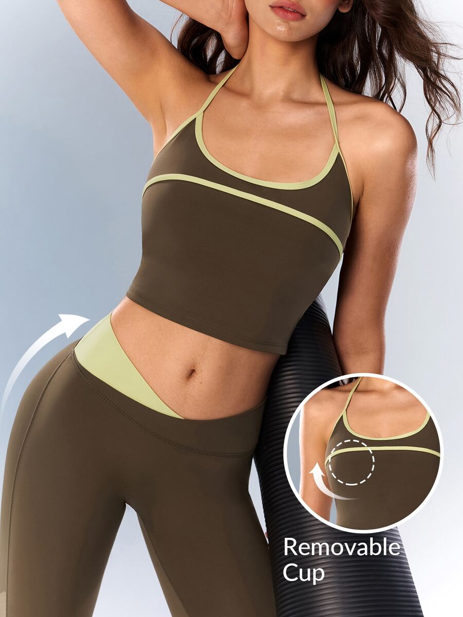 VARSIVA Women's Colorblock Cropped Halter Tank Top And Leggings Sports Set