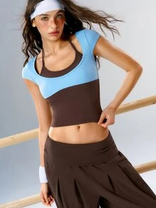 VARSIVA 女款運動保守風運動上衣 2合1短袖掛脖領T恤，適合日常穿著、健身與健身房運動，棕色與藍色，夏季款 - 彩色 - 查看 11