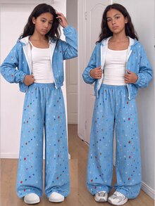 SHEIN 青少年女孩秋季風格 3 件組藍色印花套裝 連帽拉鍊夾克、細肩帶背心與寬腿長褲，適合校園運動休閒日常穿著 - 藍色 - 查看 1