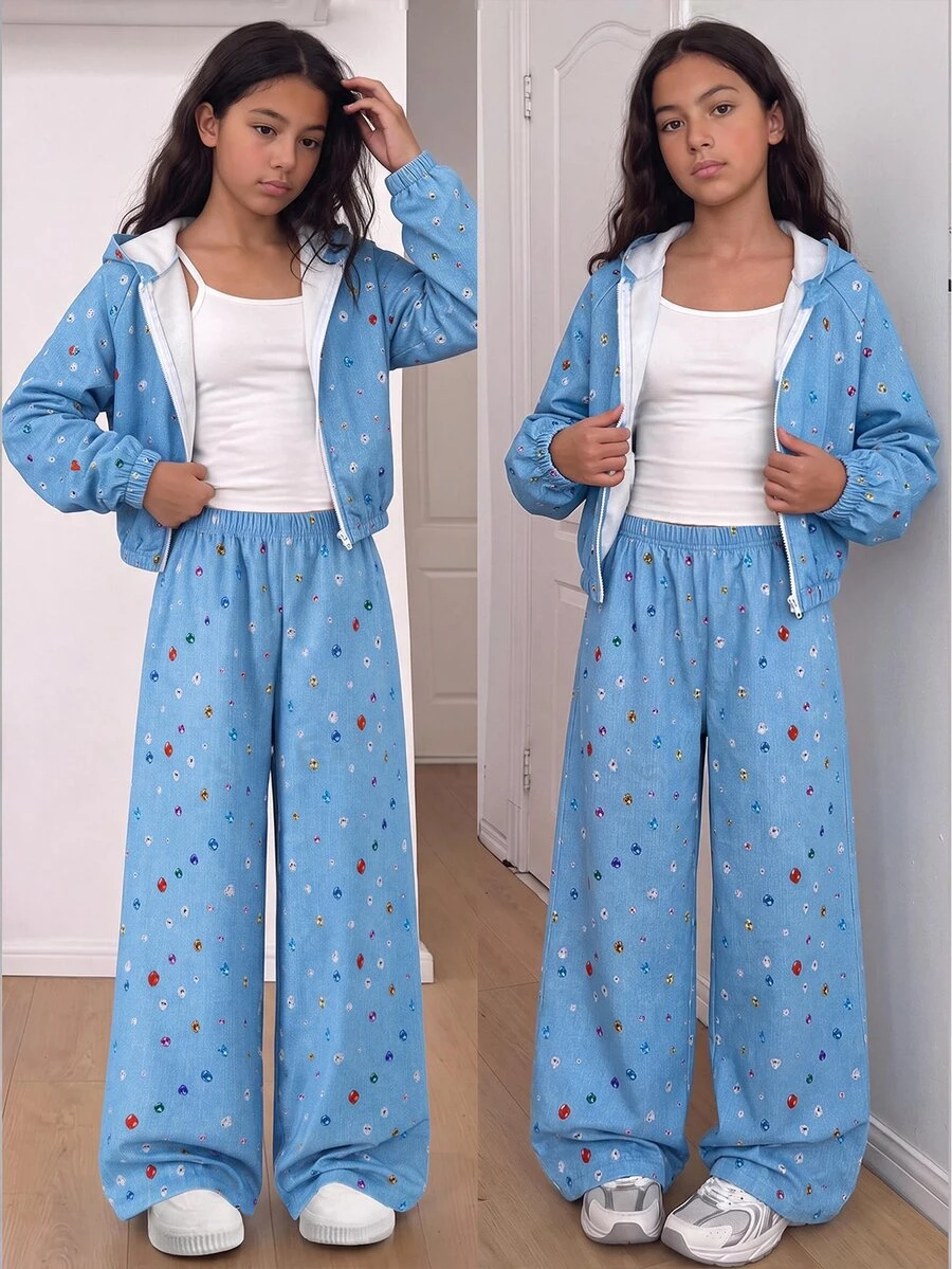 SHEIN 青少年女孩秋季風格 3 件組藍色印花套裝 連帽拉鍊夾克、細肩帶背心與寬腿長褲,適合校園運動休閒日常穿著 - 藍色 - 查看 1