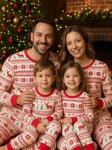 SHEIN Christmas New Year Red Reindeer Snowflake Pattern Boys Cute Comfortable Cartoon Print Fitted Pajama Set Loungewear Set - Red - View 1