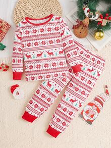 SHEIN Christmas New Year Red Reindeer Snowflake Pattern Boys Cute Comfortable Cartoon Print Fitted Pajama Set Loungewear Set - Red - View 3