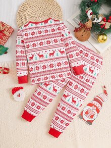 SHEIN Christmas New Year Red Reindeer Snowflake Pattern Boys Cute Comfortable Cartoon Print Fitted Pajama Set Loungewear Set - Red - View 2