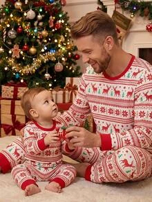 SHEIN Christmas New Year Red Reindeer Snowflake Pattern Boys Cute Comfortable Cartoon Print Fitted Pajama Set Loungewear Set - Red - View 9