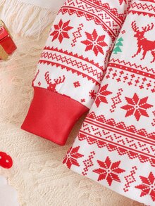 SHEIN Christmas New Year Red Reindeer Snowflake Pattern Boys Cute Comfortable Cartoon Print Fitted Pajama Set Loungewear Set - Red - View 6