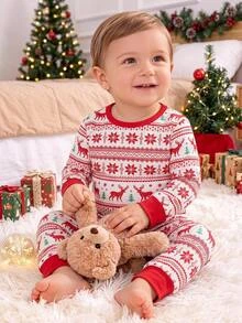 SHEIN Christmas New Year Red Reindeer Snowflake Pattern Boys Cute Comfortable Cartoon Print Fitted Pajama Set Loungewear Set - Red - View 8