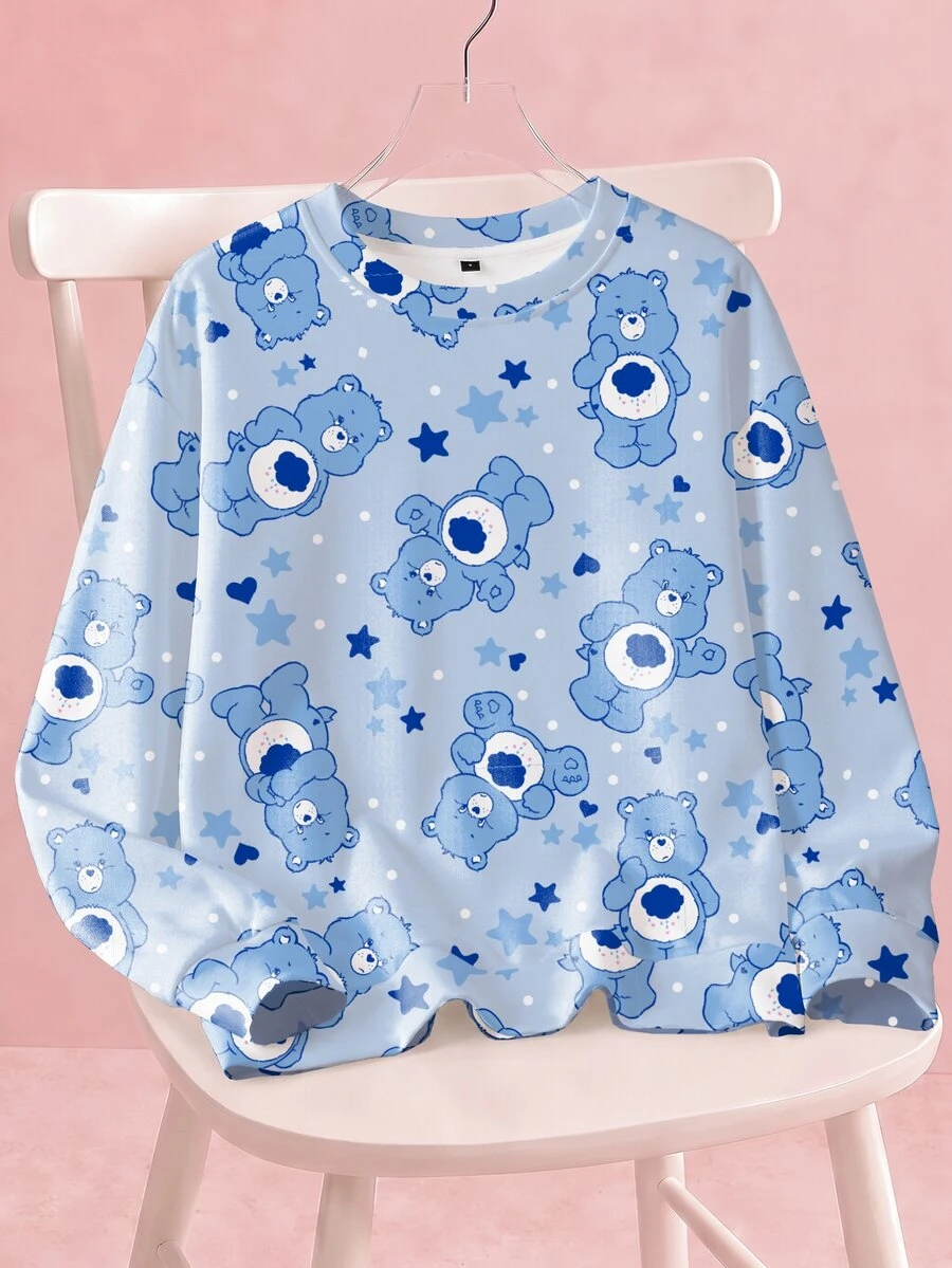 SHEIN X Care Bears 女款卡通印花圓領長袖休閒寬鬆衛衣 - 白色 - 查看 1