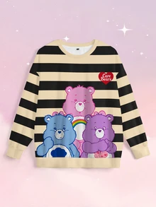 SHEIN X Care Bears 大尺碼女款條紋卡通熊印花長袖休閒運動衫 - 白色 - 查看 4