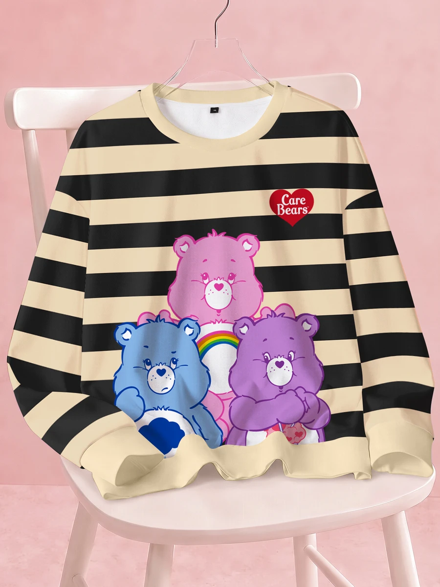 SHEIN X Care Bears 大尺碼女款條紋卡通熊印花長袖休閒運動衫 - 白色 - 查看 1