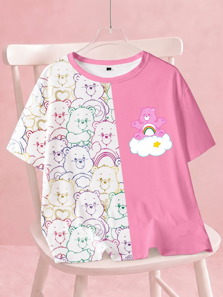 SHEIN X Care Bears Plus Size Women's Cartoon Print Round Neck Casual Daily Short Sleeve T-Shirt - White - View 1
