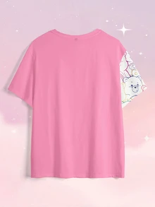 SHEIN X Care Bears Plus Size Women's Cartoon Print Round Neck Casual Daily Short Sleeve T-Shirt - White - View 4