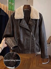Reflora 大尺碼女款長袖拉鍊前襟毛領PU皮革機車夾克，秋季外出商務棕色休閒寬鬆款 - 咖啡棕 - 查看 1