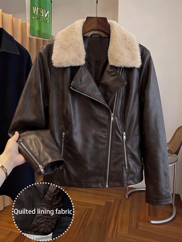 Reflora Plus Size Women's Long Sleeve Zipper Front Fur Collar PU Leather Biker Jacket Autumn Going Out Business Brown Casual Baggy - Coffee Brown - View 1