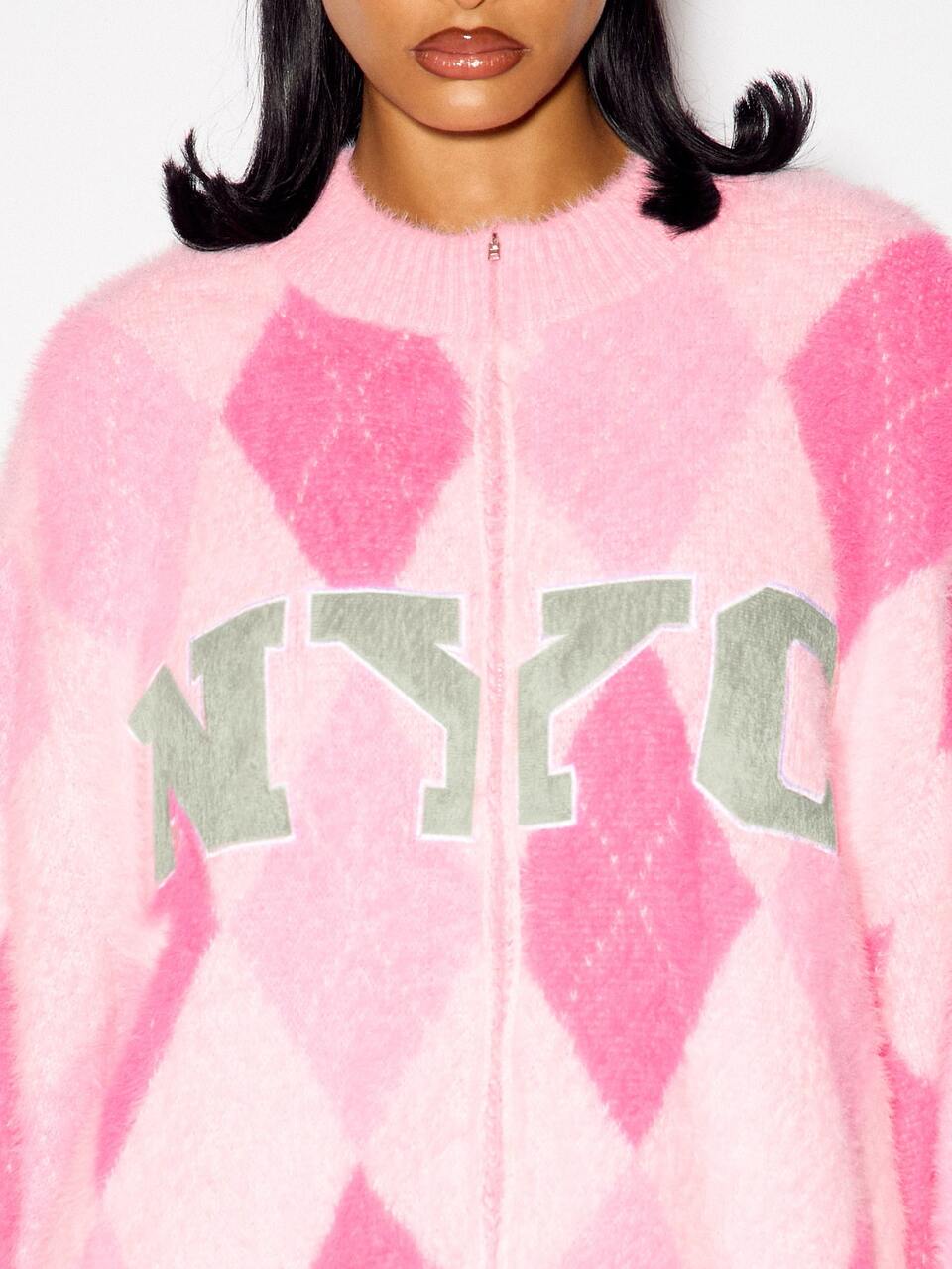 SUMWON Oversized Fuzzy Argyle Zip-Up Sweater With NYC Print