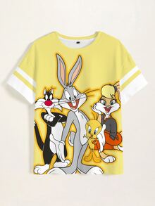 LOONEY TUNES X SHEIN 女款卡通印花圓領短袖休閒T恤 - 白色 - 查看 7
