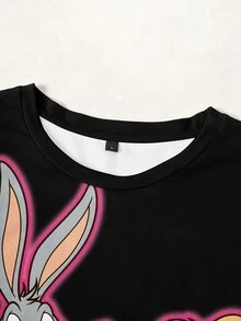 LOONEY TUNES X SHEIN 女款卡通印花圓領短袖休閒T恤 - 白色 - 查看 3