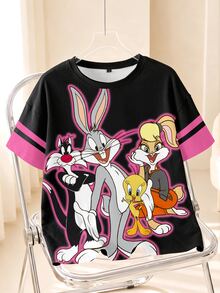 LOONEY TUNES X SHEIN 女款卡通印花圓領短袖休閒T恤 - 白色 - 查看 1