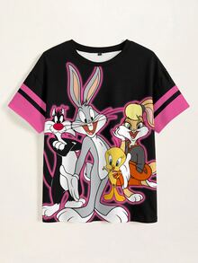 LOONEY TUNES X SHEIN 女款卡通印花圓領短袖休閒T恤 - 白色 - 查看 7