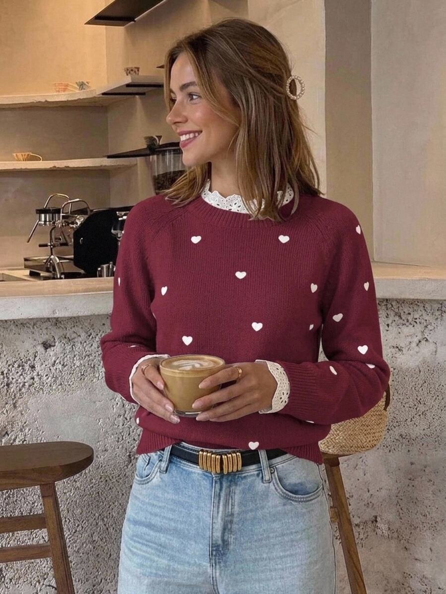 Serisse Women Casual Colorblock Ruffle Heart Pattern Sweater, Autumn/Winter, New Years Women ,Valentine's Day Christmas Thanks Giving Red Burgundy - Burgundy - View 1