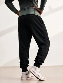 Driftmere Men's Thin Drawstring Waist Casual Sports Pants, Fashionable For Spring & Autumn Black - Black - View 2
