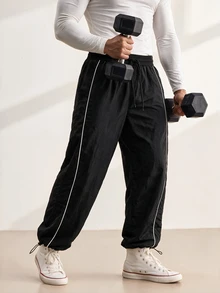 Driftmere 男士梭織運動長褲，寬鬆版型運動長褲，彈性抽繩腰頭，白色飾邊，健身街頭風黑色秋季款 - 黑色 - 查看 1