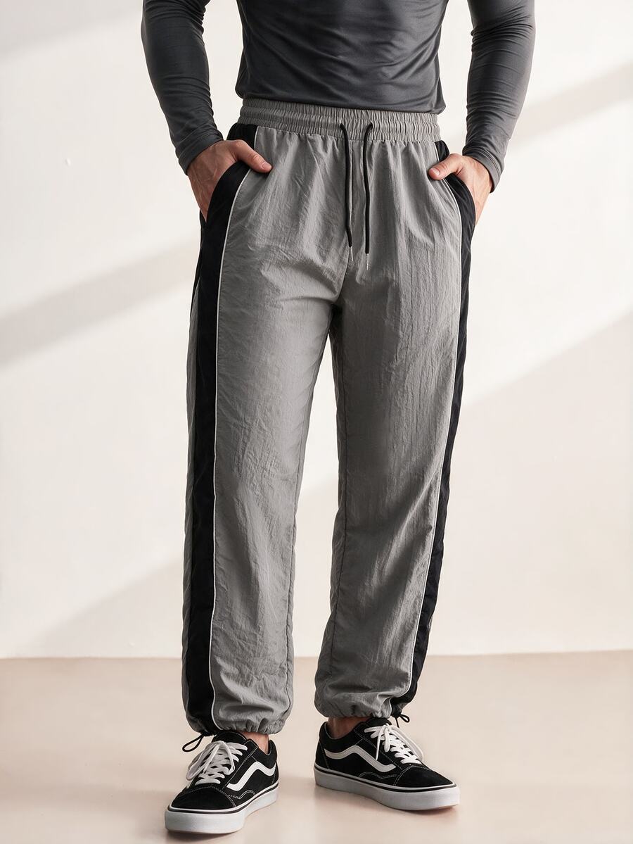 Driftmere Men's Loose Fit Nylon Quick-Dry Sweatpants With Contrast Side Stripes, Drawstring Waist, Adjustable Cuffs, Streetwear Casual Joggers Sports - Grey - View 1