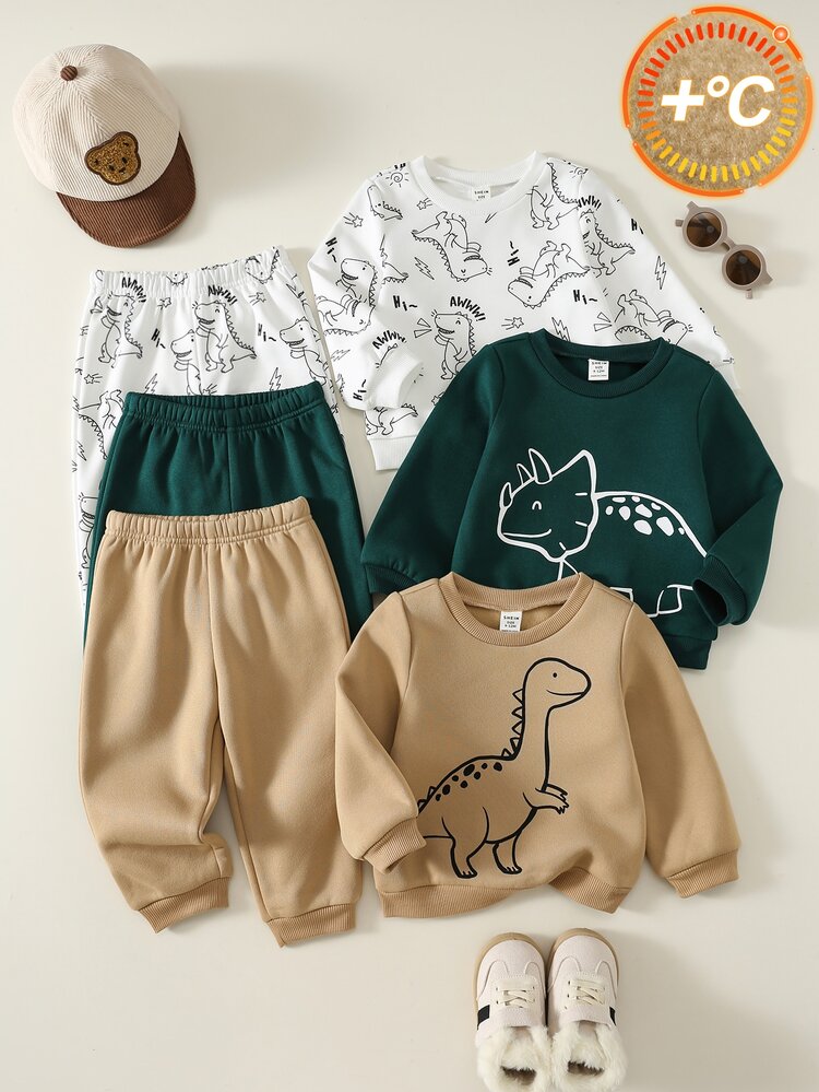 Unisex Baby Boy/Girl Baby Boy 3sets Thermal Lined Thickened Autumn/Winter Casual Cute Dinosaur Pattern Sweatshirt Set Multi-Piece, Baby Boy Clothing Set, Baby Boy Autumn/Winter Clothing, Baby Clothing, Soft - Multicolor - View 7