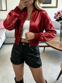 SHEIN LUNE 新款金屬色金色拉鍊羅紋袖口棒球夾克上衣，新年假期派對穿搭服飾 - 酒紅色 - 查看 8