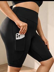 SHEIN Sports Plus Wideband Waist Biker Shorts With Phone Pocket - Black - View 3
