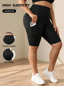 SHEIN Sports Plus Wideband Waist Biker Shorts With Phone Pocket - Black - View 1