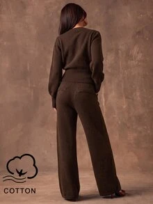 SHEIN BAE Casual Women's Solid Color Long Sleeve Single-Breasted Knit Cardigan And Knit Pants Set - Coffee Brown - View 3