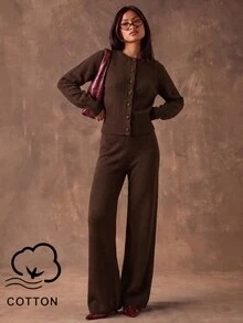 SHEIN BAE Casual Women's Solid Color Long Sleeve Single-Breasted Knit Cardigan And Knit Pants Set - Coffee Brown - View 1