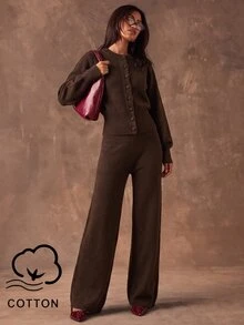 SHEIN BAE Casual Women's Solid Color Long Sleeve Single-Breasted Knit Cardigan And Knit Pants Set - Coffee Brown - View 5