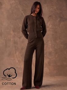 SHEIN BAE Casual Women's Solid Color Long Sleeve Single-Breasted Knit Cardigan And Knit Pants Set - Coffee Brown - View 4