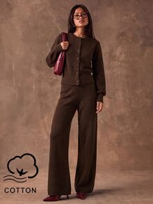 SHEIN BAE Casual Women's Solid Color Long Sleeve Single-Breasted Knit Cardigan And Knit Pants Set - Coffee Brown - View 6