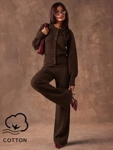 SHEIN BAE Casual Women's Solid Color Long Sleeve Single-Breasted Knit Cardigan And Knit Pants Set - Coffee Brown - View 2
