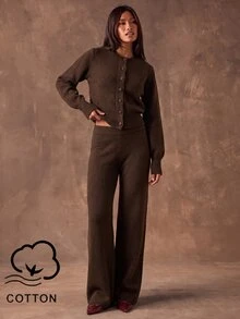 SHEIN BAE Casual Women's Solid Color Long Sleeve Single-Breasted Knit Cardigan And Knit Pants Set - Coffee Brown - View 7