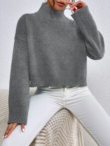 SHEIN LUNE 高领落肩毛衣，长袖针织套头衫，秋冬款 - 深灰色 - 查看 8
