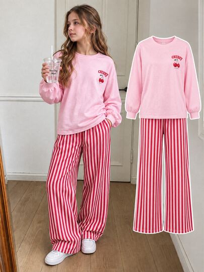 SHEIN Conjunto de 2 piezas para niña preadolescente con estampado de cerezas rosas de manga larga, camiseta de cuello redondo linda con pantalones largos a rayas, pantalones de pierna recta, casual y cómodo, adecuado para la escuela, deportes, moda, vacaciones, Navidad, Halloween, otoño/invierno, primavera/verano/otoño/invierno, tela de punto suave y cómoda