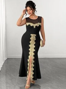 Elenzga Elegant Gold Luxurious Lace Trim Bodycon Mermaid Tail Elastic Slim Fit Plus Size Dress - Black - View 6
