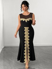 Elenzga Elegant Gold Luxurious Lace Trim Bodycon Mermaid Tail Elastic Slim Fit Plus Size Dress - Black - View 4
