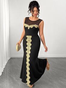 Elenzga Elegant Gold Luxurious Lace Trim Bodycon Mermaid Tail Elastic Slim Fit Plus Size Dress - Black - View 5