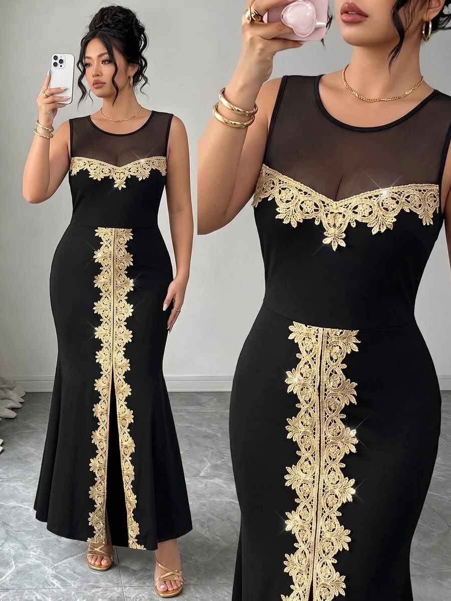 Elenzga Elegant Gold Luxurious Lace Trim Bodycon Mermaid Tail Elastic Slim Fit Plus Size Dress - Black - View 1
