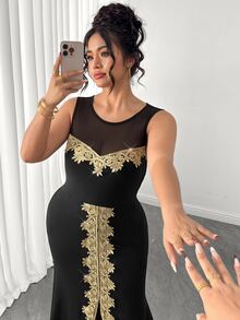 Elenzga Elegant Gold Luxurious Lace Trim Bodycon Mermaid Tail Elastic Slim Fit Plus Size Dress - Black - View 7