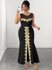 Elenzga Elegant Gold Luxurious Lace Trim Bodycon Mermaid Tail Elastic Slim Fit Plus Size Dress - Black - View 3