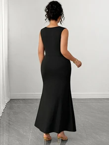 Elenzga Elegant Gold Luxurious Lace Trim Bodycon Mermaid Tail Elastic Slim Fit Plus Size Dress - Black - View 2