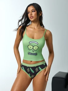 Rick and Morty X SHEIN Women's Cartoon Print Camisole Style Lingerie Set - Green - View 7