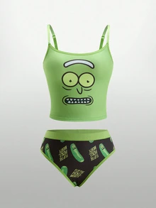 Rick and Morty X SHEIN Women's Cartoon Print Camisole Style Lingerie Set - Green - View 3