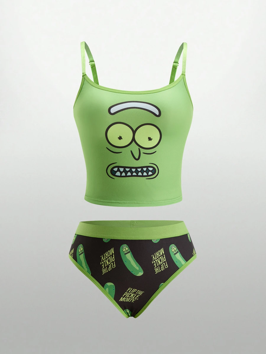Rick and Morty X SHEIN Women's Cartoon Print Camisole Style Lingerie Set - Green - View 1